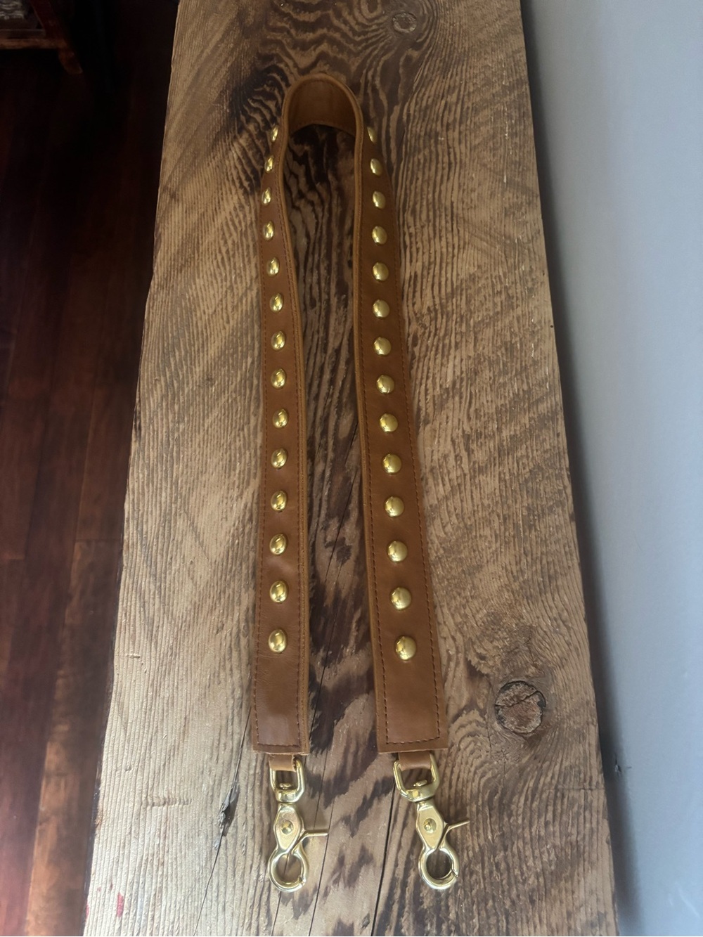 Tan Leather Studded Bag Strap with Gold Hardware - Picture 2 of 3